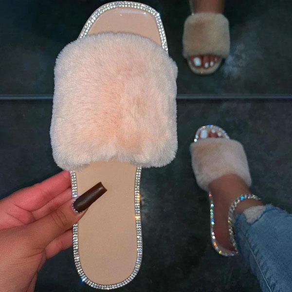 Shiningmiss Women Chic Rhinestone Faux Fur Slippers