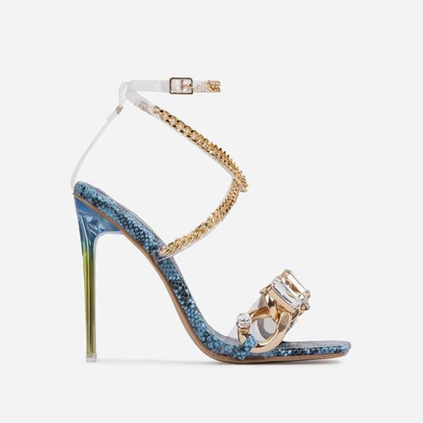 Shiningmiss Noble Gold Chain Large Crystal High Heel Sandals