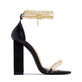 Shiningmiss Gold-Tone Chain Embellished Ankle Strap Chunky Heels