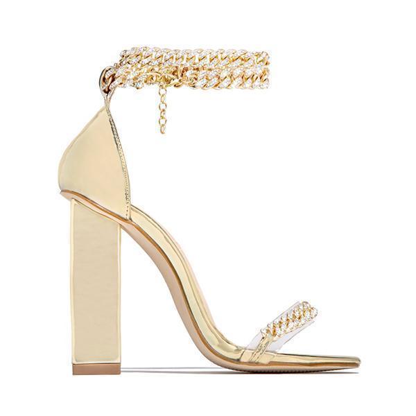 Shiningmiss Gold-Tone Chain Embellished Ankle Strap Chunky Heels
