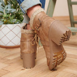 Shiningmiss Casual Round Toe Lace-up Chunky Heel Boots