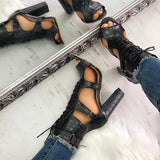 Shiningmiss Lace-up Cutout Chunky Heel Sandals