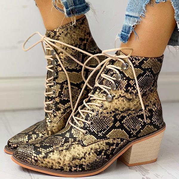 Shiningmiss Pointed Toe Lace-up Snakeskin Chunky Heeled Boots