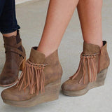 Shiningmiss Wedge Booties Artificial Leather Tassel Boots Wedge Heel Zipper Shoes