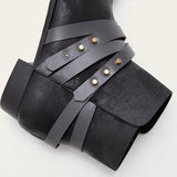 Shiningmiss Black Distressed Buckle Wrap Straps Boots