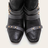 Shiningmiss Black Distressed Buckle Wrap Straps Boots