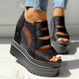 Shiningmiss Side Zipper Peep Toe Patchwork Platform Sandals