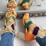 Shiningmiss Colourblock Lace-up Chunky Heels Open Toe Sandals