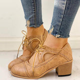 Shiningmiss Lace-Up Cut Out Faux Leather Chunky Heels