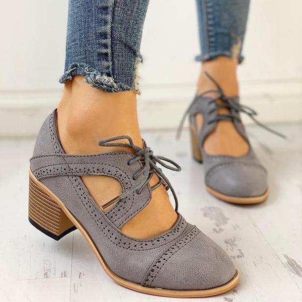 Shiningmiss Lace-Up Cut Out Chunky Heels