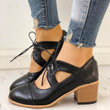 Shiningmiss Lace-Up Cut Out Faux Leather Chunky Heels