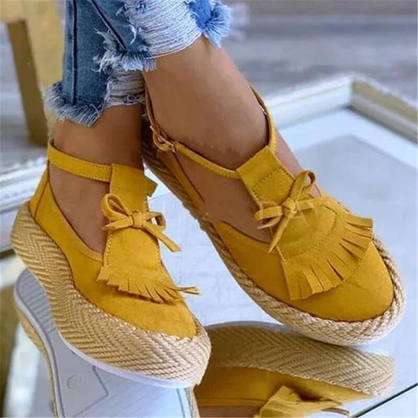 Shiningmiss Women Suede Tassel Buckle Strap Platform Sandals