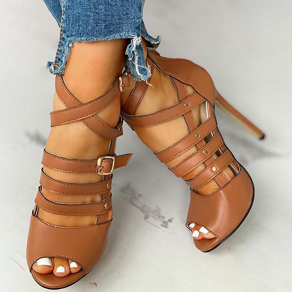 Shiningmiss Solid Hollow Out Ankle Strap Thin Heeled Sandals