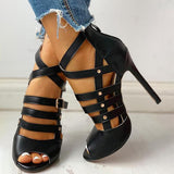 Shiningmiss Solid Hollow Out Ankle Strap Thin Heeled Sandals