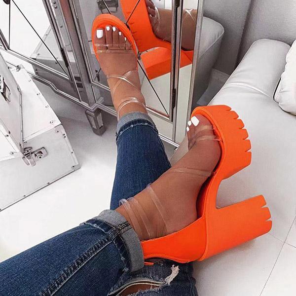 Shiningmiss Chunky Heel Zipper Open Toe Strappy See-Through Sandals