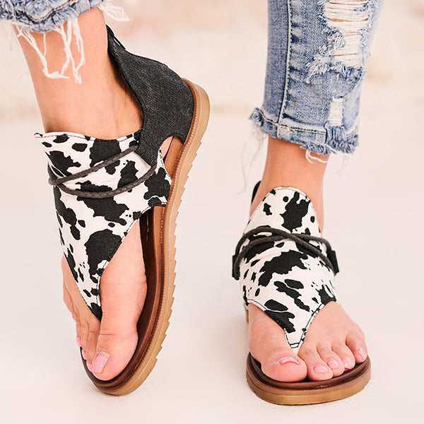 Shiningmiss Anvas Contrasted Zippered Cow Prited Sandals