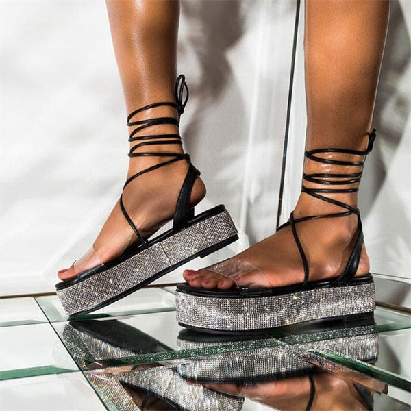 Shiningmiss Sexy Rhinestones Lace-Up Glitter Shiny Platform Sandals