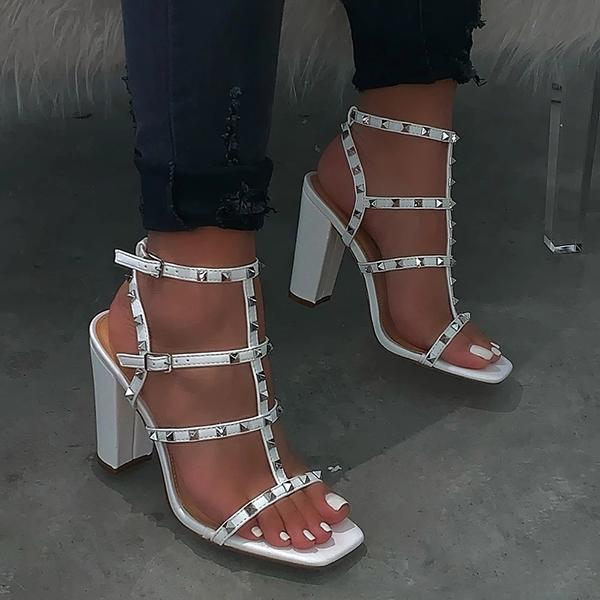 Shiningmiss Strappy Rivet Adjustable Ankle Buckle Chunky Heels
