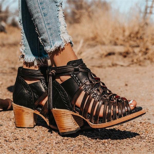 Shiningmiss Ornate Exposed Sides Criss-Crossing Leather Lacing Zip Sandals