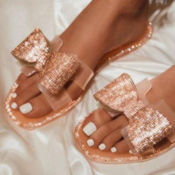 Shiningmiss Cute Bow Sparkle Flat Slip-On Sandals
