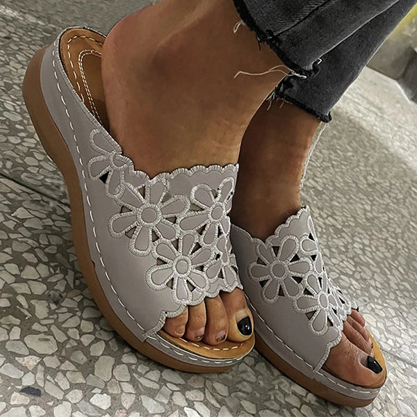 Shiningmiss Casual Daily Comfortable Pu Hollow-Out Flower Flat Sandals