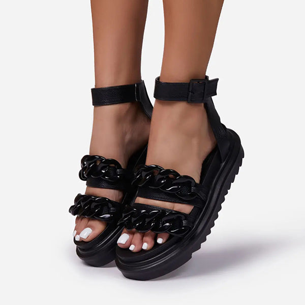 Shiningmiss Chain Chunky Sole Flat Faux Leather Sandals