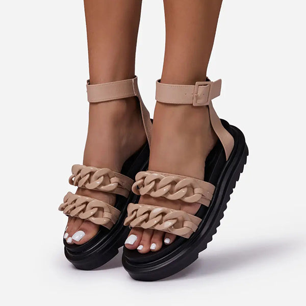 Shiningmiss Chain Chunky Sole Flat Faux Leather Sandals
