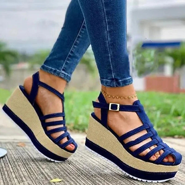 Shiningmiss Casual Comfy Pu Hollow-Out Adjusting Buckle Wedge Heel Sandals