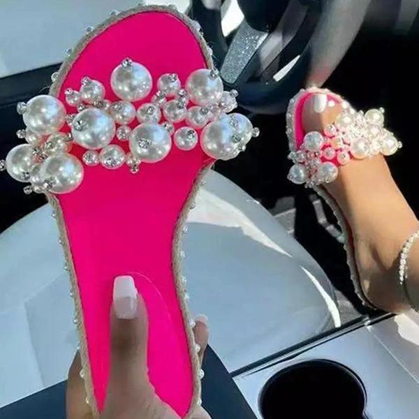 Shiningmiss Fashion Web Celebrity Style Pu Pearl Flat Sandals