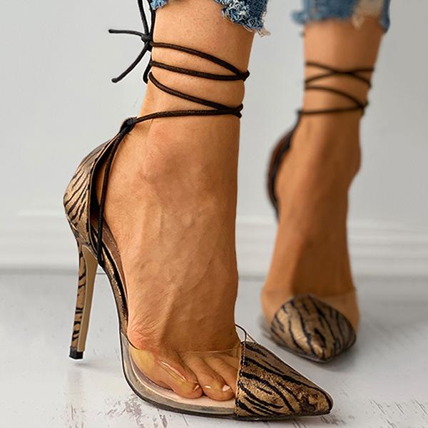 Shiningmiss Zebra Stripe Print Clear Perspex Strappy Stiletto Heels