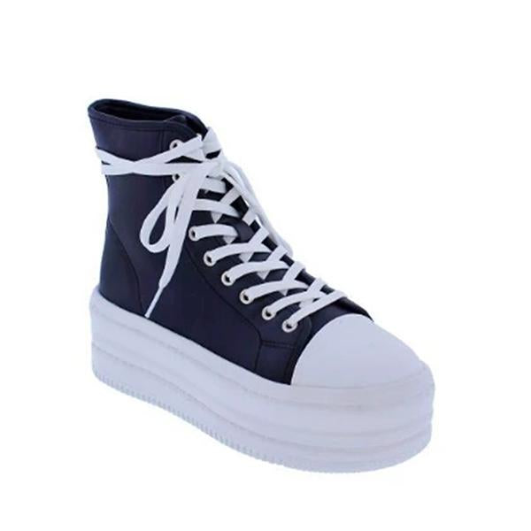 Shiningmiss Pu Leather Functioning Laces High Top Chunky Sole Sneakers