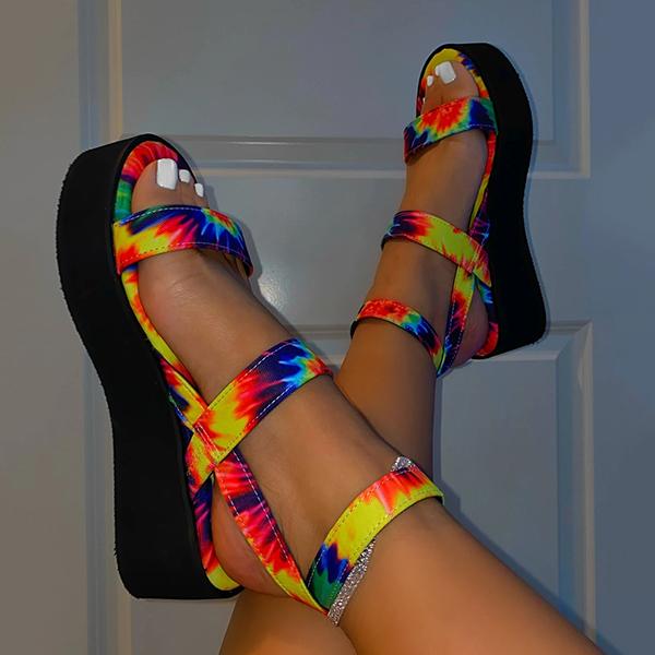 Shiningmiss Ankle Buckle Slip-On Printed Platform Sandals