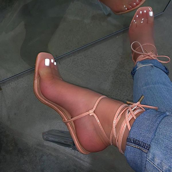 Shiningmiss Sexy Lace-Up Chunky Clear Heels