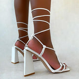 Shiningmiss Square Toe Lace-Up Triangular Block Heels