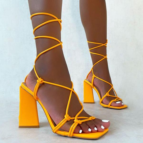 Shiningmiss Square Toe Lace-Up Triangular Block Heels