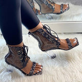 Shiningmiss Sexy Lace Up Mesh Clear Chunky Heels