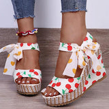 Shiningmiss Women Elegant Pu Fruit Printing Peep Toe Lace-Up Wedge Heel Sandals