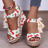 Shiningmiss Women Elegant Pu Fruit Printing Peep Toe Lace-Up Wedge Heel Sandals