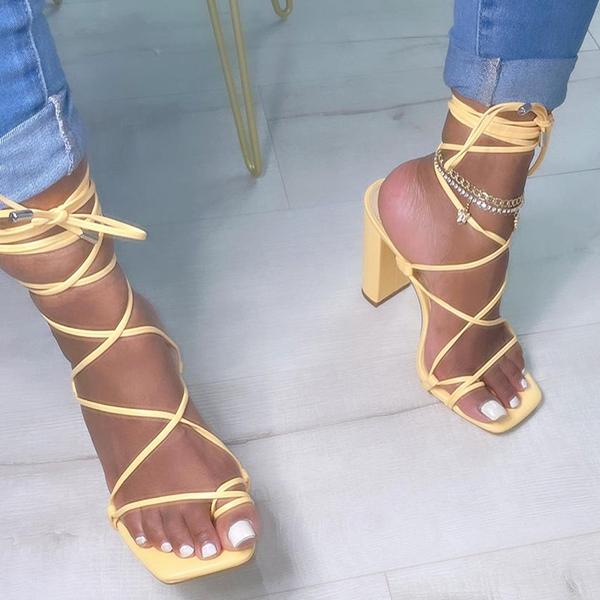 Shiningmiss Fashion Square Toe Lace-Up Strappy Chunky Heels