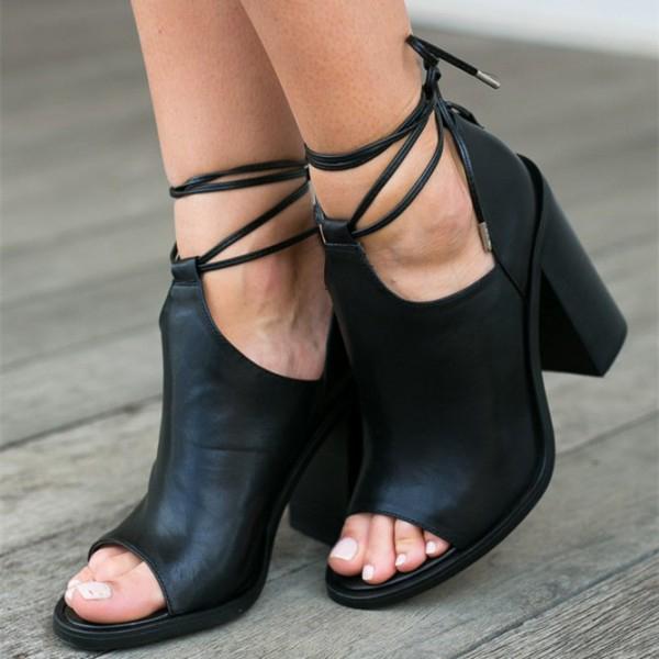Shiningmiss Cut Out Open Toe Chunky Heel Strappy Ankle Boots