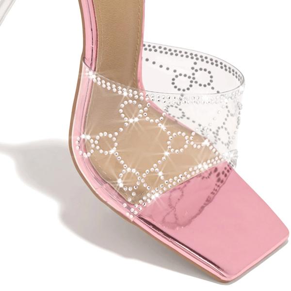 Shiningmiss Silver-Stone Clear Strap Squared Toe Heels