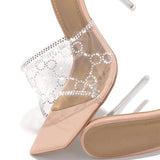 Shiningmiss Silver-Stone Clear Strap Squared Toe Heels