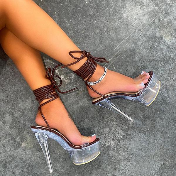 Shiningmiss Clear Platform Wrap Around Ankle Laces Heels