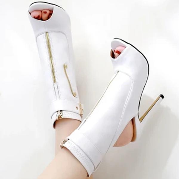 Shiningmiss Pu Peep Toe Buckle Hollow Out High Heel Ankle Boots