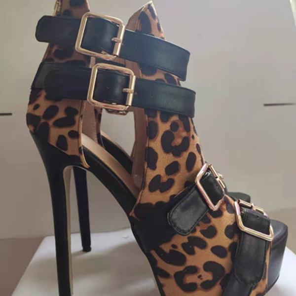 Shiningmiss Peep Toe Buckles Leopard Print Platform Stiletto Heels