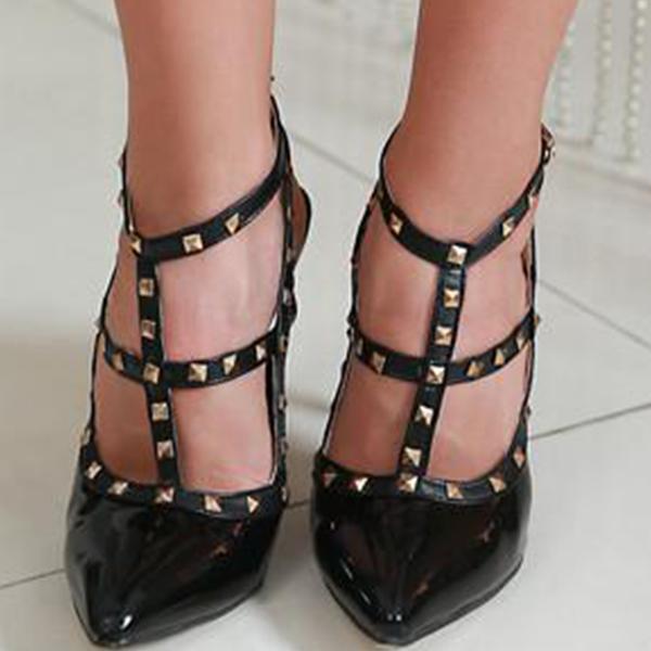 Shiningmiss Studded Ankle T-Strap Pointed Toe Heels