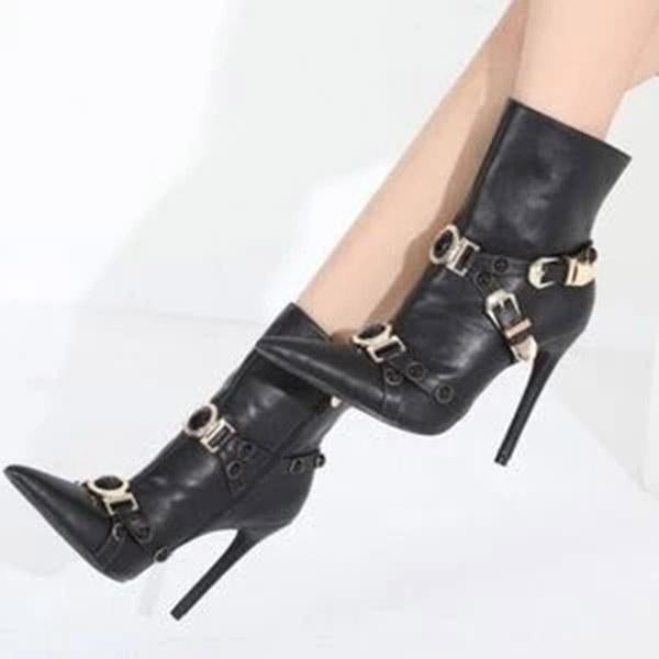 Shiningmiss Fashion Pointy Toe Belted Stiletto Heel Boots