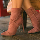 Shiningmiss Criss-Cross Pull On Pointed Toe Faux Suede Boots