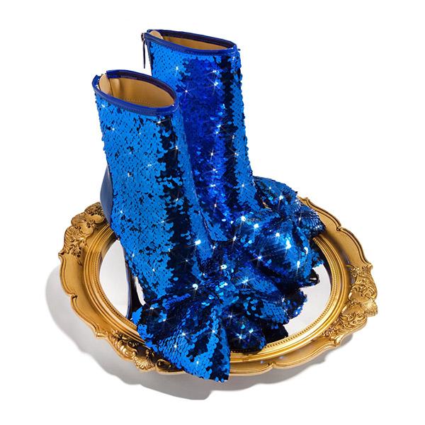 Shiningmiss Sequin Bow Zipper Pointed Toe Boots