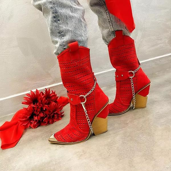 Shiningmiss Metal Pointed Toe Cap Hollow Out Chunky Heel Boots